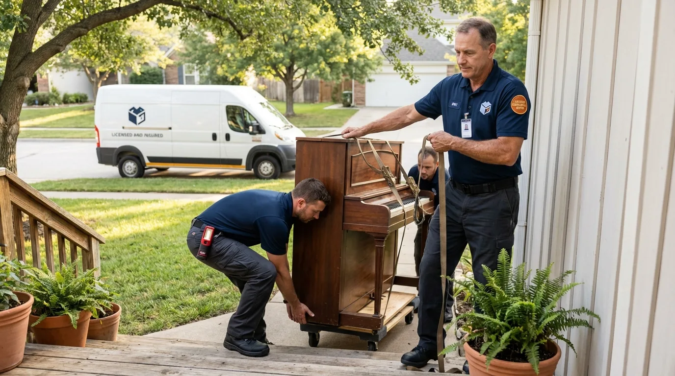 Licensed piano movers securing grand piano in Wayne, WV