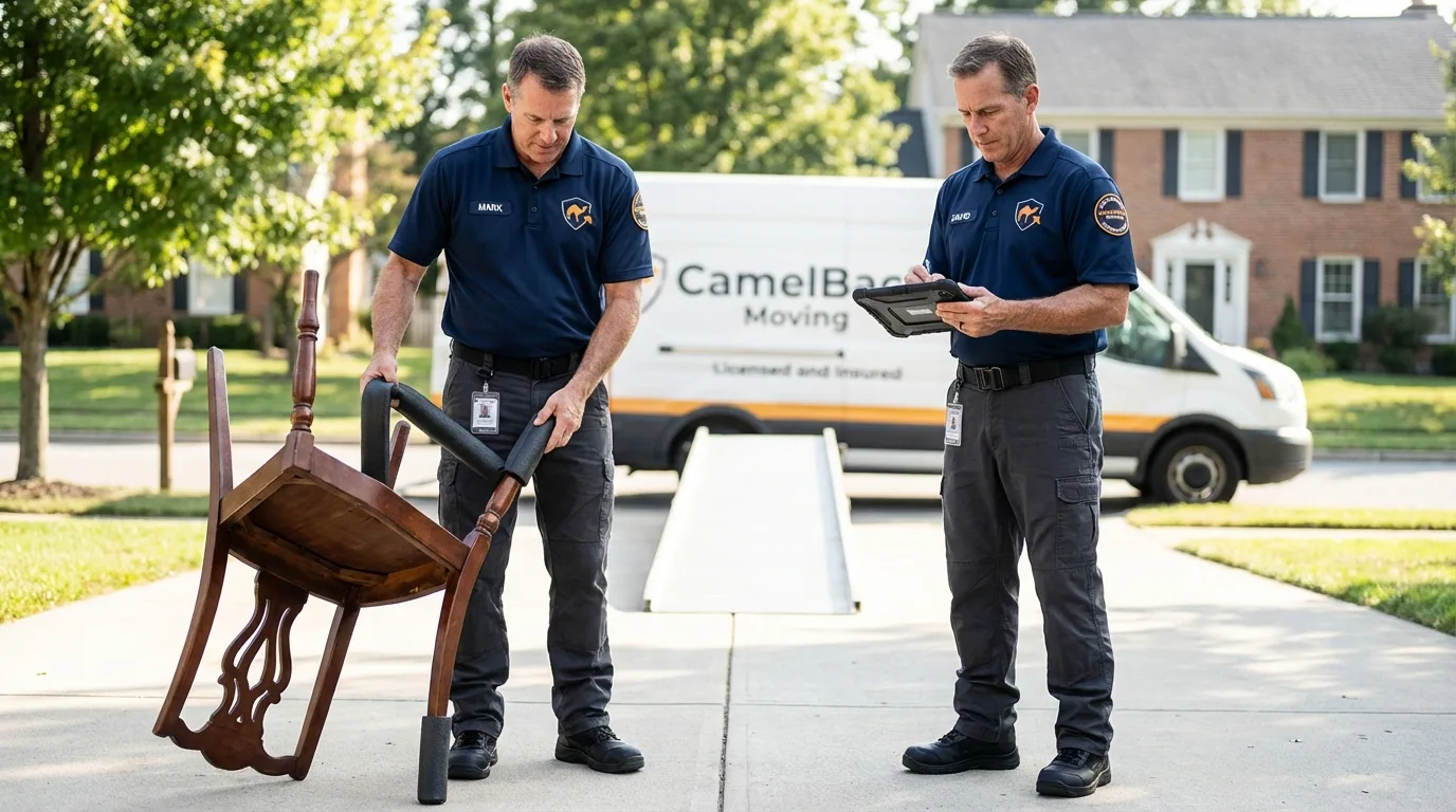 Movers inspecting furniture for damage prevention before loading in Wayne, WV