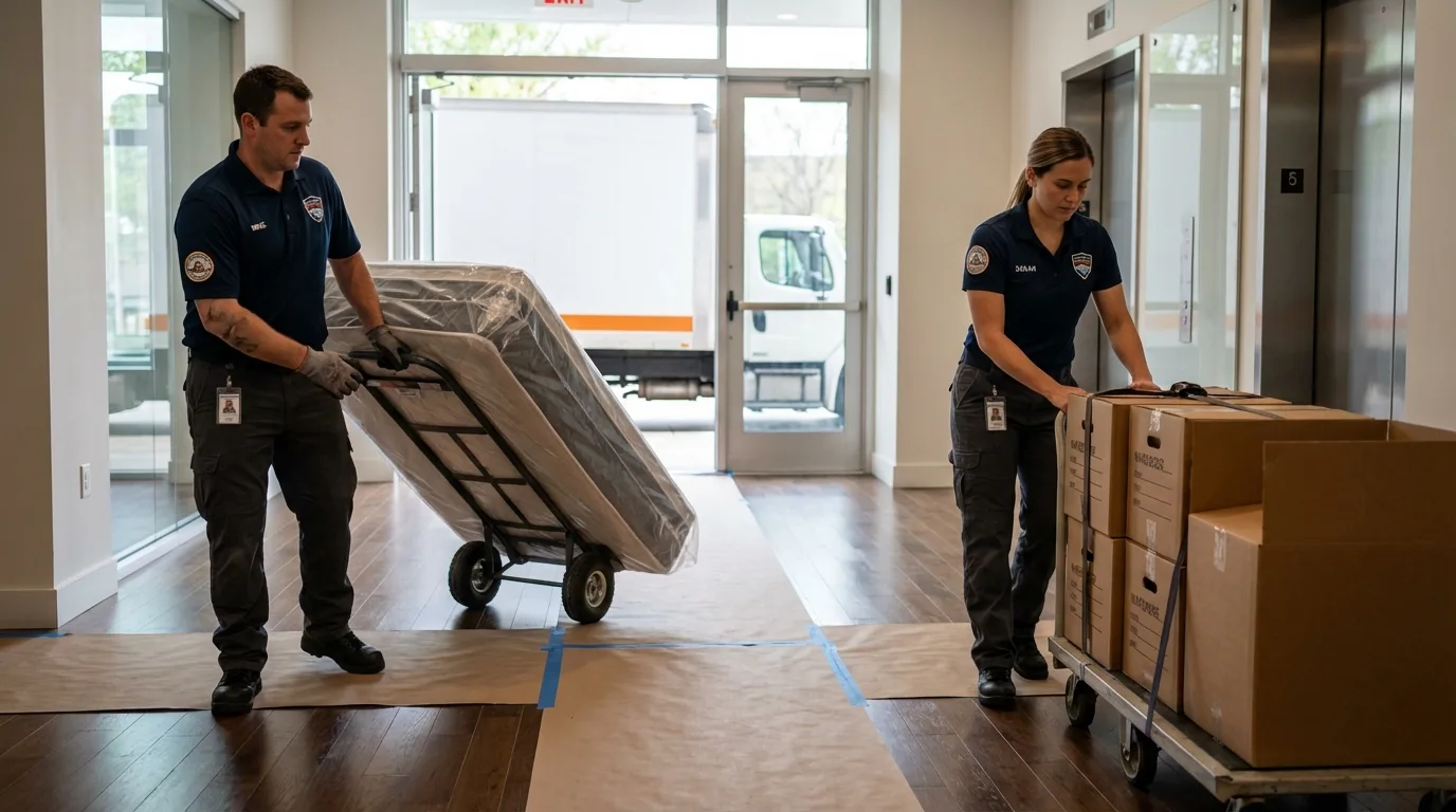 Professional apartment movers loading elevator in Wayne, WV