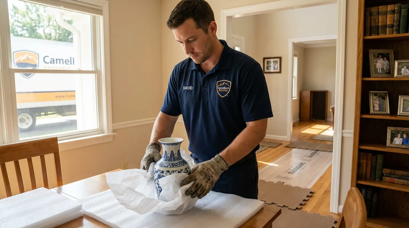 Professional crew carefully wrapping antique vase for senior downsizing move in Wayne, WV
